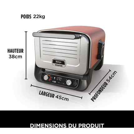 Four à pizza électrique NINJA Woodfire OO101EU orange inox, 1 pizza 30 cm, préchauffage 15 min, jusqu'à 370°C