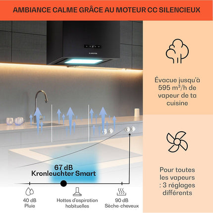 Hotte décorative îlot KLARSTEIN Kronleuchter îlot 595m³/h LED WIFI noir