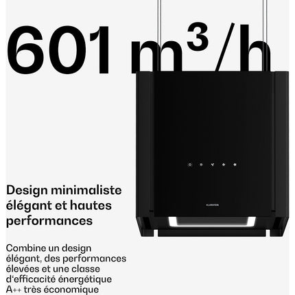 Hotte décorative îlot KLARSTEIN Velaire 40cm CEE A++ 601 m³/h 62 dB Noir