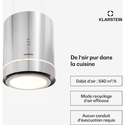Hotte décorative îlot KLARSTEIN Tron Ambience îlot Ø38cm 540m³/h inox