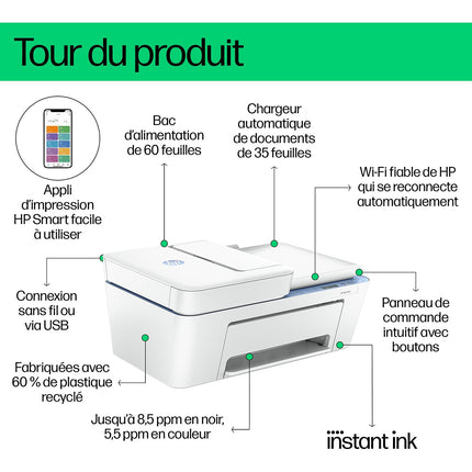 Imprimante jet d'encre HP DeskJet 4222e éligible Instant Ink Reconditionné