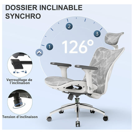 Fauteuil ergonomique SIHOO M57 chaise ergonomique mesh blanc gris