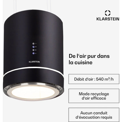 Hotte décorative îlot KLARSTEIN Tron Ambience Ø 38 cm 540 m³/h noir