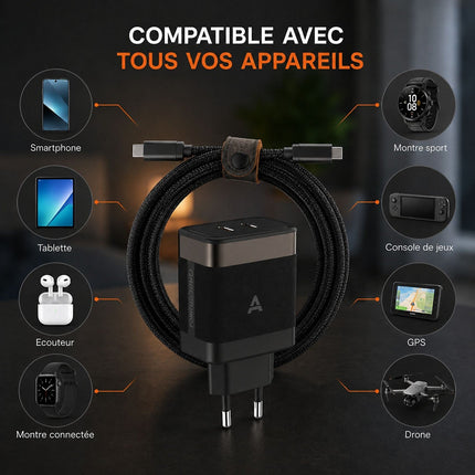 Chargeur ordinateur portable ADEQWAT 65W 2 USB-C + Cable USB-C 2M - Noir