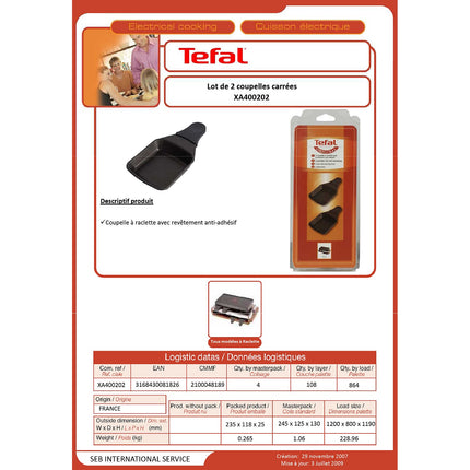 coupelle TEFAL lot de 2 poelons à raclette carrées