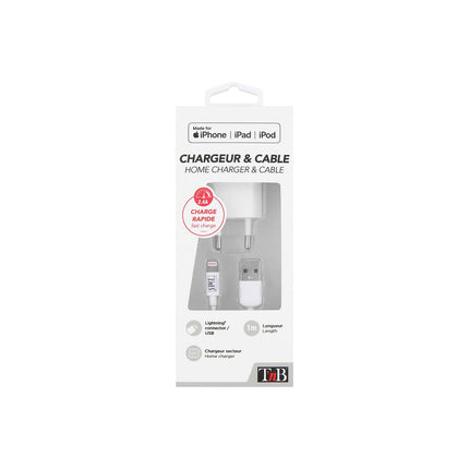 Chargeur secteu TNB USB 2.4A + Cable lightning blanc