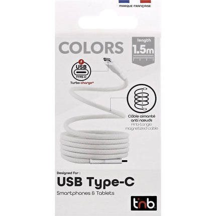 Câble de charge TNB USB-C/USB-C 1.5m gaine aimantée blanc