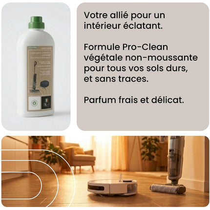 Détergent ESSENTIELB Liquide Nettoyant Sol Universel 1L pour Aspirateur Robot Laveur et Balai Laveur, Anti-Traces