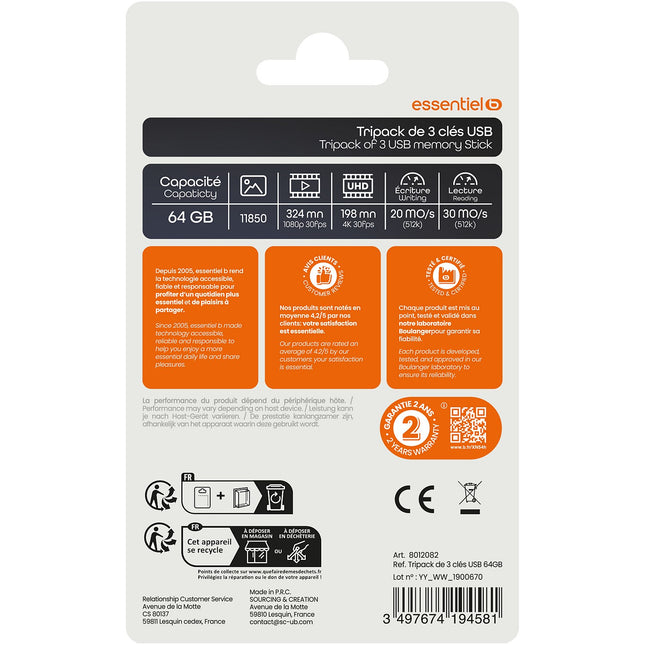 Clé USB ESSENTIELB Essentiel B CLE USB Tripack x 3 64Go