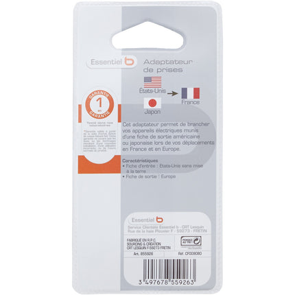 Adaptateur de voyage ESSENTIELB Etats-Unis/Japon vers Europe