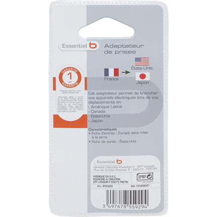 Adaptateur de voyage ESSENTIELB Europe vers Etats-Unis/Japon