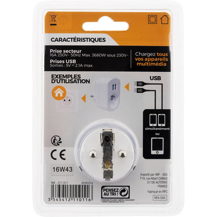 Chargeur ZENITECH 2P + T + 2 USB 2.1A BLANC