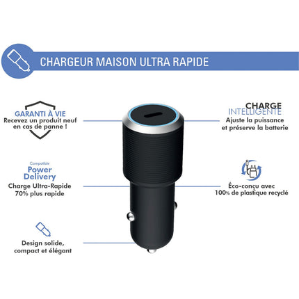 Chargeur allume cigare FORCE POWER 25W USB-C Noir allule cigare