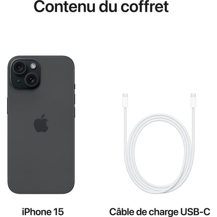 Smartphone APPLE iPhone 15 Noir 256Go Très Bon État avec Batterie Neuve - Reconditionné