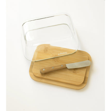 Beurrier PEBBLY en verre et bambou avec couteau a beurre