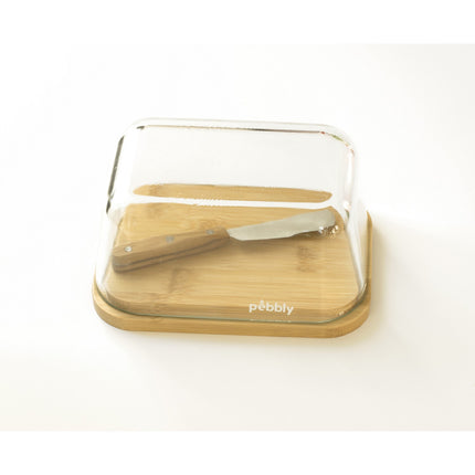 Beurrier PEBBLY en verre et bambou avec couteau a beurre