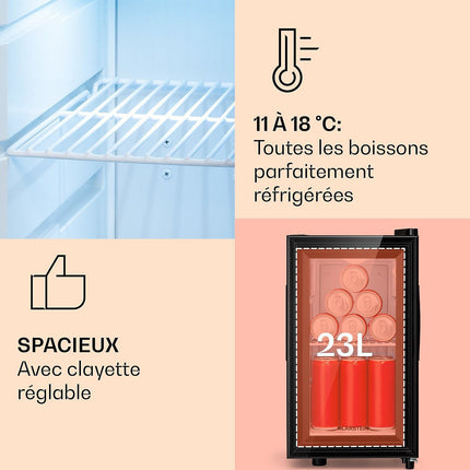Mini réfrigérateur KLARSTEIN Brooklyn 23L Slim LED vitré 11-18°C noir