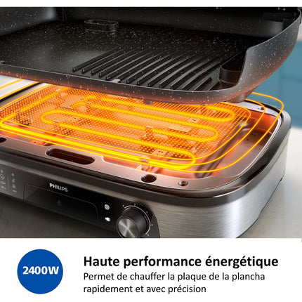 Plancha électrique PHILIPS HD6212/90 couvercle verre à poser, 50x25 cm