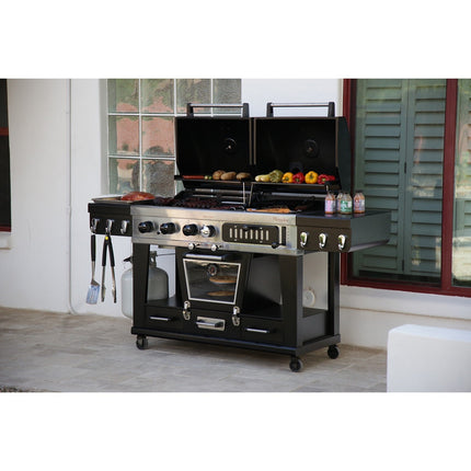 Barbecue gaz PITBOSS MEMPHIS 2.0, sur chariot , une zone de cuisson gaz, une charbon et un fumoir électrique 3 étages.