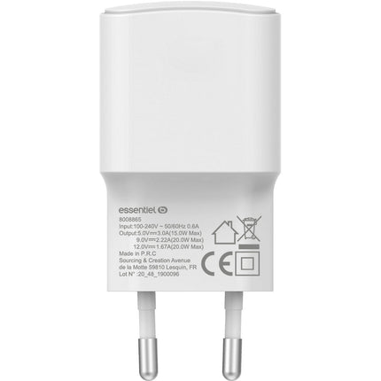 Chargeur ESSENTIELB 20W PowerDelivery USB-C Blanc