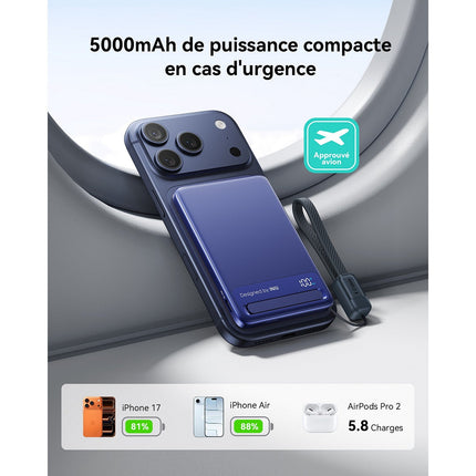 Batterie externe INIU 5000 mAh magnet Qi2 MagPro slim bleu