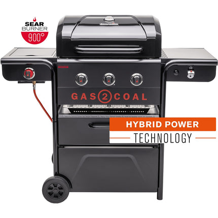 Barbecue gaz CHAR BROIL Gas2Coal 2.0 Special Edition,sur chariot, 4 brûleurs dont 1 latéral, surface de cuisson 64 x 45 cm
