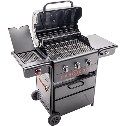 Barbecue gaz CHAR BROIL Gas2Coal 2.0 Special Edition,sur chariot, 4 brûleurs dont 1 latéral, surface de cuisson 64 x 45 cm