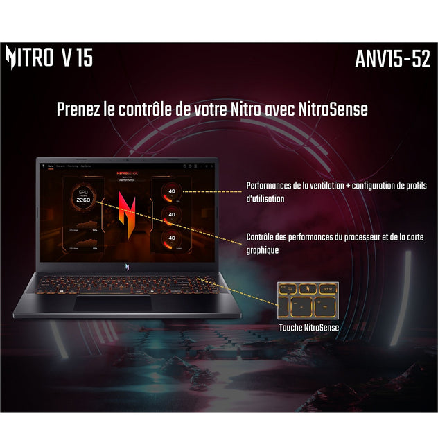 PC Gamer ACER Nitro V15 ANV15 15,6" FHD 165Hz Intel Core 7 250H Nvidia GeForce RTX 5060 32 Go RAM DDR4 SSD 512 Go