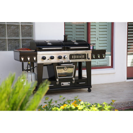 Barbecue gaz PITBOSS MEMPHIS 2.0, sur chariot , une zone de cuisson gaz, une charbon et un fumoir électrique 3 étages.