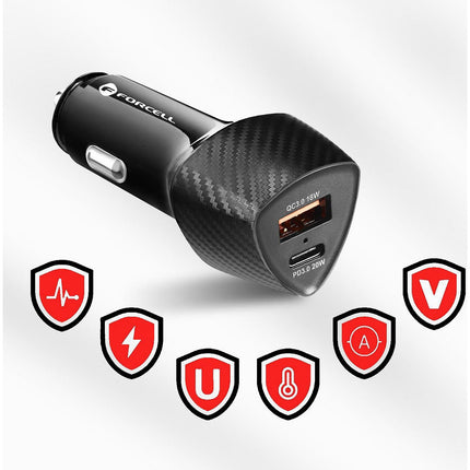 Chargeur allume-cigare FORCELL USB + USB-C 38W Power Delivery Noir