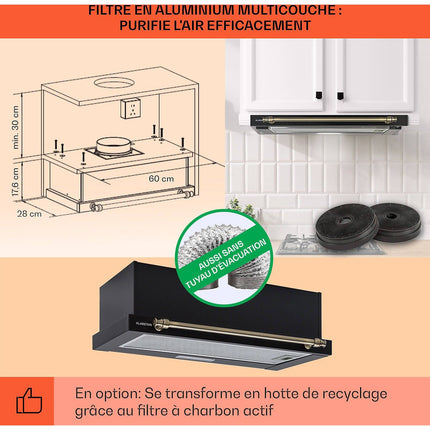 Hotte encastrable KLARSTEIN Vilhelmine 60cm Retro CEE B 332m³/h noir