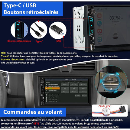 Autoradio connecté JUNSUN 7" caméra de recul microphone CarPlay