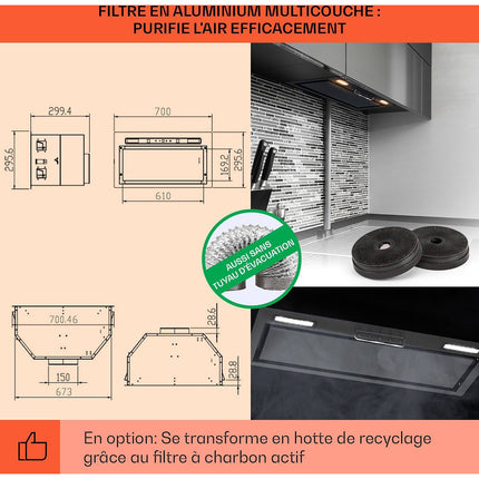 Hotte encastrable KLARSTEIN Camila encastrée 70cm 397m³/h LED inox
