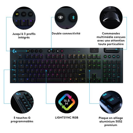 Clavier gamer sans fil LOGITECH G915 LIGHTSPEED RVB mécanique sans fil -