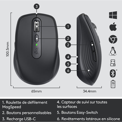 Souris sans fil LOGITECH MX ANYWHERE 3 Graphite ergonomique