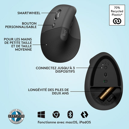 Souris sans fil LOGITECH Lift Ergonomique Gaucher Silencieuse