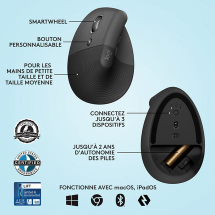 Souris sans fil LOGITECH Lift Ergonomique Gaucher Silencieuse