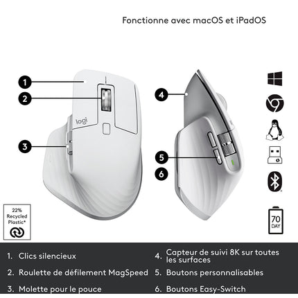 Souris sans fil LOGITECH MX Master 3s Gris pale Ergonomique