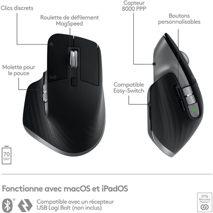 Souris sans fil rechargeable LOGITECH Mx Master 3s pour Mac Gris Sidéral
