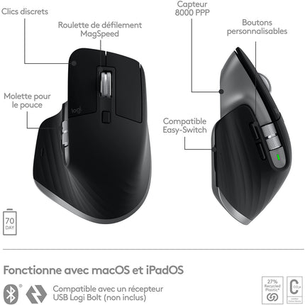 Souris sans fil rechargeable LOGITECH Mx Master 3s pour Mac Gris Sidéral