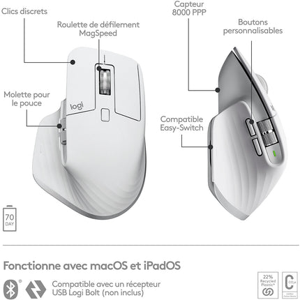 Souris sans fil rechargeable LOGITECH Mx Master 3s pour Mac Gris Sidéral