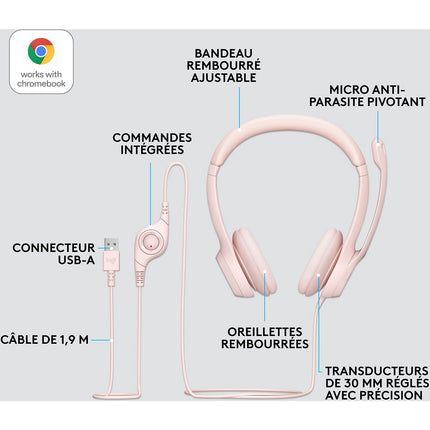 Micro-casque LOGITECH H390 avec Microphone Antibruit - Rose