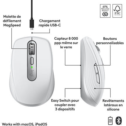Souris sans fil rechargeable LOGITECH MX Anywhere 3S for Mac compacte