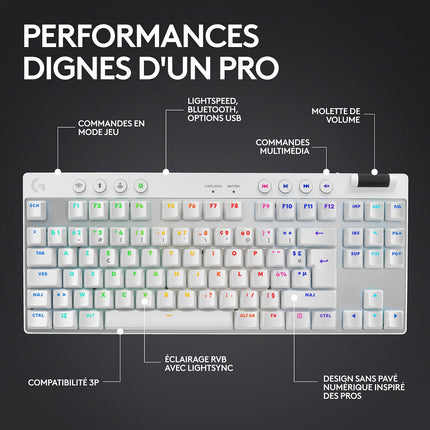 Clavier gamer sans fil LOGITECH Pro X LIGHTSPEED TKL Tactile Blanc