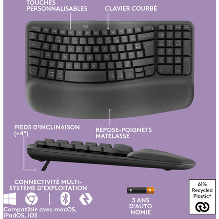 Clavier sans fil LOGITECH Wave Keys ergonomique + repose poignets