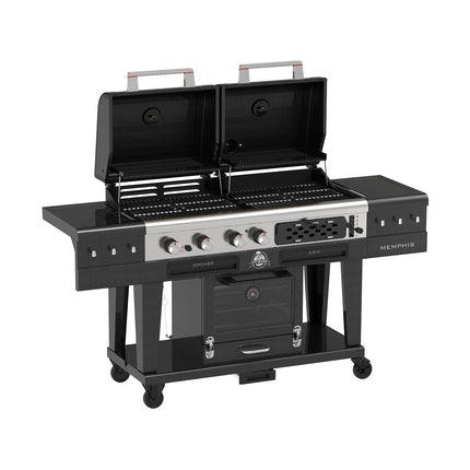 Barbecue gaz PITBOSS MEMPHIS 2.0, sur chariot , une zone de cuisson gaz, une charbon et un fumoir électrique 3 étages.
