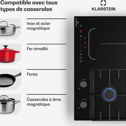 Plaque mixte induction gaz KLARSTEIN MultiChef 4 zones 2 feux gaz Flex noire