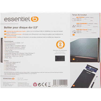 Boitier disque dur ESSENTIELB 2,5'' SATA USB 3.0 Reconditionné