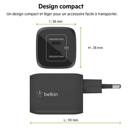 Chargeur ordinateur portable BELKIN USB C x2 65W GaN PPS Noir