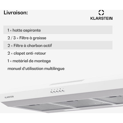 Hotte casquette KLARSTEIN Contempo 90cm encastrée 200m³/h blanc